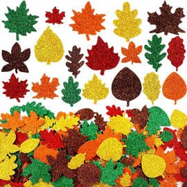 300PCS Glitter Maple Leaf Stickers Premium Fall Decorations for Thanksgiving Crafts, Autumn Party Supplies, DIY Scrapbooking & Home Decor, Mixed Colors Faux Leaves