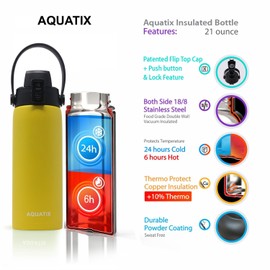 New Aquatix (Lemon Yellow, 21 Ounce) Pure Stainless Steel Double Wall Vacuum Insulated Sports Water Bottle Convenient Flip Top Cap with Removable Strap Handle - Keeps Drinks Cold 24 hr/Hot 6 hr
