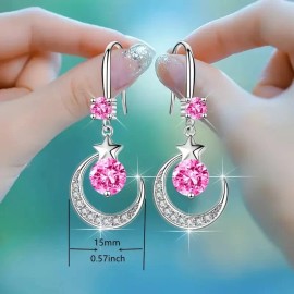 Unbranded NEW Dangle Earrings Silver Moon & Star Shaped ( PINK STONE )
