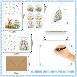 LETSHOLD Pack of 12 Easter Cards with Envelope German, Easter Cards Hinged, Happy Easter Postcards with Easter Bunny and Easter Eggs, 6 Different Designs, 2 Pieces Each (A)