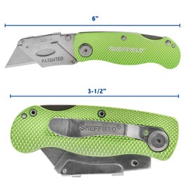 Sheffield 12615 Hi Vis Lockback Utility Knife, Folding Box Cutter Knife, Carpet Knife, Drywall Cutter, Quick Change Blade, Back Lock Design, Green