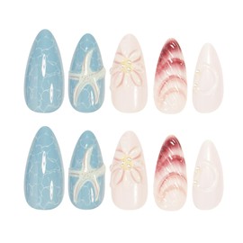 IMRAIN Almond Press on Nails Medium Fake Nails with Shell Design 3D Sea Star Blue False Nails Glossy Full Cover Acrylic Glue on Nails Reusable Stick on Nails for Women Girls DIY Manicure 24Pcs