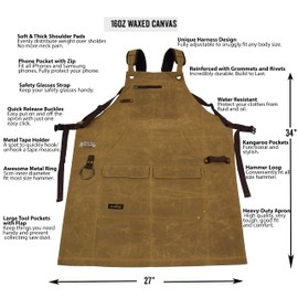 ecoZen Lifestyle Woodworking Shop Apron for Men - Carpenter Apron for Work Shop, Perfect Woodworking Gift, Heavy Duty Waxed Canvas Workshop Tool Aprons, Fully Adjustable to S-XXXL