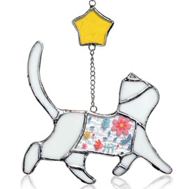 Seawah White Cat Stained Glass Suncatcher Decor for Window Hangings -Fun Cat Themed Gifts Decorations for Cat Lovers - Handcrafted Cat Sun Catcher Ornament for Office,Patio,Living Room