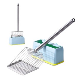 PETOCAT Metal Cat Litter Scoop with Holder Stainless Steel Kitten Poop Scooper, 17.5" Heavy Duty Pet Poop Sifter for Cat Box, Long Handle Large Waste Shovel, Fast Sifting Big Clumps, Solid & Durable