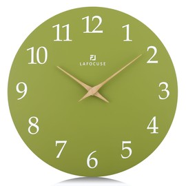 Lafocuse 12 Inch Silent Olive Green Wall Clock Battery Operated for Living Room Decor, Simple Minimalist Wooden Wall Clock for Kitchen Bedroom Office