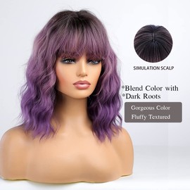 Esmee Short Wavy Ombre Purple Bob Wig with Bangs for Women Natural Synthetic Hair Ombre Wigs with Dark Roots Cosplay Party Use -14 Inches