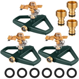 Ninehaoou 3 Sets Sprinklers for Yard Pulsating Impact Sprinkler with Metal Base Heavy Duty Adjustable Hose for Lawn Large Area Garden(Green)