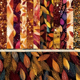 Scrapbook Paper Autumn Scrapbook Craft Paper, 48 Sheets Scrapbooking Paper Decorative Paper with Leaves and Sequins Pattern, One-sided Decoupage Paper Pad, Golden Scrapbook Paper, 15.2 x 15.2 cm