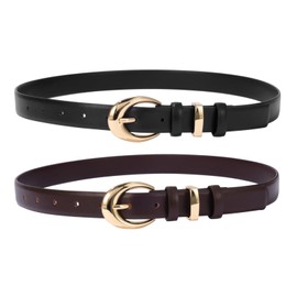 GOTOANT Women Leather Belts for Jeans Ladies Thin Western Waist Belt for Dress with Gold Silver Buckle, Gold Buckle (Black+dark Brown), Fits waist size: 34"-39"