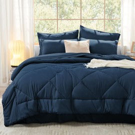 Litanika Navy King Size Comforter Set with Sheets - 7 Pieces Bed in a Bag King Beddding Sets, Solid Lightweight Reversible Bed Set with Comforter, Sheets, Pillowcases & Shams