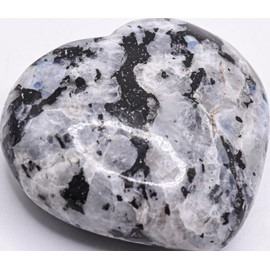 60mm 120g Blue Flash Rainbow Moonstone w/Black Tourmaline Heart Polished Natural Feldspar Gemstone Crystal Mineral Décor Specimen - India + Stand