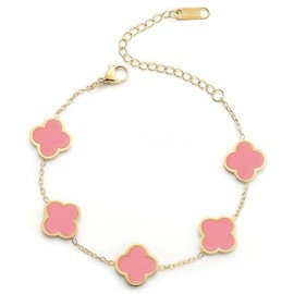 Pink Four-Leaf Clover Bracelet for Women – 18K Gold Plated Titanium Steel Lucky Charm Adjustable Jewelry