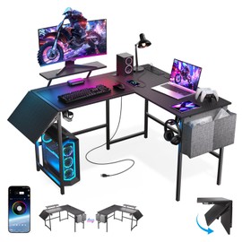 VidaTeco L Shaped Gaming Desk with Desk Extender, 47-59in Smart Corner Computer Desk with LED Lights & Power Outlets, Monitor Stand, Storage Bag, for Work, Home Office, Bedroom, Study, Black
