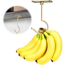 CAPHONT 2 Pack Foldable Metal Banana Hook Under Cabinet - Hanger to Keep Bananas Fresh, Holder for Other Kitchen Items (Gold)