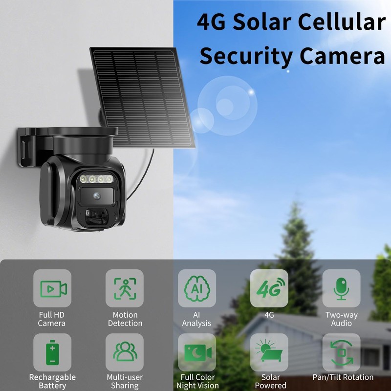 4G LTE Cellular Solar Powered Security Camera Wireless Outdoor, No