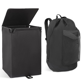 Foluck 2-in-1 Laundry Hamper with Laundry Backpack, 60L Waterproof Basket with Lid, Laundry Bag with Shoulder Straps and Mesh Pocket, Hamper for College Dorm, Travel, Apartment, Laundromat