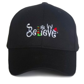 Christmas Believe Baseball Cap for Women Men, Adjustable Embroidered Classic Cotton Snapback Hat Black
