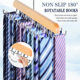 Tie Rack Belt Hanger for Closet Fitnice Upgraded Non Slip Tie Hanger Space Saving with 20 Foldable Hooks Wooden Belt Tie Organizer for Tank Tops Bras Cami Scarves