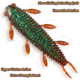 VIREYA Fishing Lure, Soft Plastic Grub,10 pcs Chariot Bug Soft Lures, Wacky Worms Baits for Bass Fishing for Texas Carolina Weightless Finesse Rig Kit Gear (Green Pumpkin)