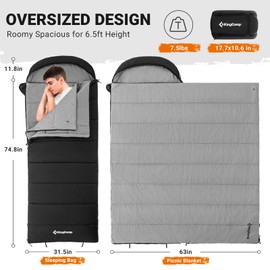 King Camp 3 in 1 Flannel Sleeping Bag for Adults, 3-4 Season Warm&Cold Weather Sleeping Bags, Washable Inner Lining, Large, Lightweight, Waterproof, Portable for Camping, Backpacking and Hiking