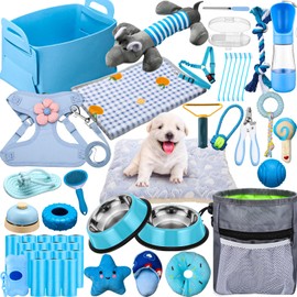 Abbylike 50 Pcs Puppy Supplies Starter Kit for Small Dogs Puppy Essentials Includes Leash, Bowls, Teeth Brushes, Water Bottle, and More Accessories for Dogs Pet Day Welcome Gift(Blue)