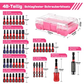 Geinxurn 48-Piece Screwdriver Bit Set Made of Impact-Resistant, S2 Steel, Magnetic Torx, Phillips, Pozidriv, Slotted, Hex Head Bit Set, 1/4 Inch Hex Shank, Includes Bit Holder with Pink Storage Box