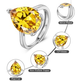 Eastlily Simulated 12 * 16mm Gemstone Birthstone Adjustable Rings 925 Sterling Silver Plated Pear Cut Wedding Rings for Women, Engagement Rings for Women Birthday Jewelry Gifts Nov-Yellow Topaz