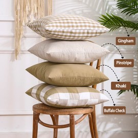 CARRIE HOME Modern Farmhouse Decor Brown Buffalo Plaid 20x20 Pillow Covers Set of 4, 20 x 20 Brown Throw Pillow Cover, Khaki Buffalo Check Decorative Cushion Pillows for Bedroom and Living Room