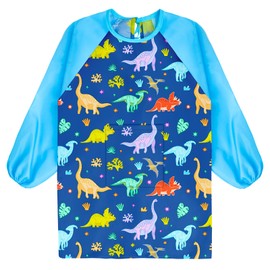 Fiodrimy Kids Art Smock, Unicorn Painting Smocks with Pocket, Waterproof Artist Long Sleeve Artist Apron for Child Girls Boys (Blue, Dinosaur, Medium,3-7 Years)