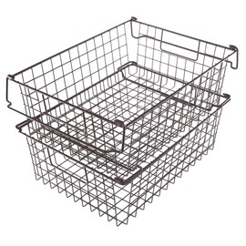 Home-Complete 2 pcs 16"x12" Large Stackable Wire Baskets, Organizer Stacking Storage Bins for Shelf, Pantry, Kitchen, Cabinets, can also be used in Chest Freezers (Brown)