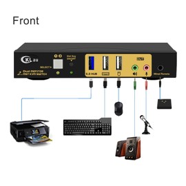 CKLau MST Dual Monitor KVM Switch Displayport HDMI 4K60Hz 2K@144Hz (1 DP in, DP + HDMI Out) with Audio, Microphone, All Input Cables, USB 3.0 Hub for 2 Computers Supports Keyboard Mouse Switching