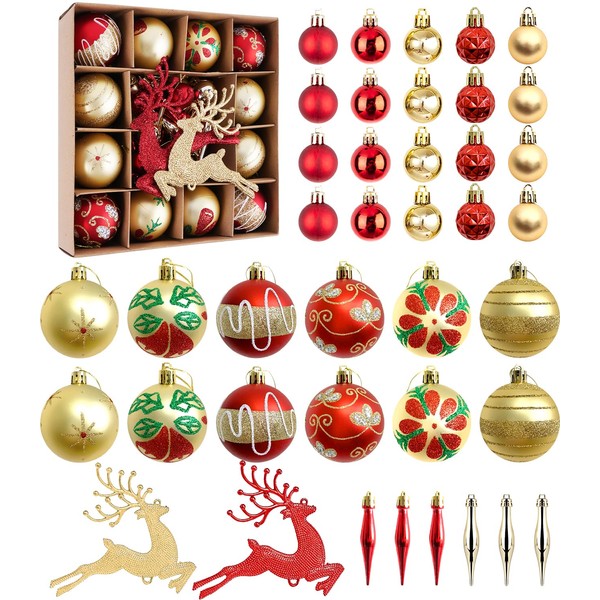Wappltt Pack of 40 Christmas Baubles Plastic Christmas Tree Decorations with Hanger, Christmas Decoration Tree Baubles Christmas Tree Decoration, Red Gold