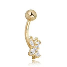 AVORA 10K Yellow Gold Simulated Diamond CZ Butterfly Belly Button Ring Body Jewelry (14 Gauge)