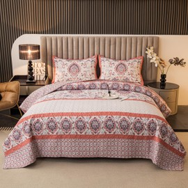 BEITE FIBER Bohemian Twin Size Comforter Quilt Sets -2 Pieces Red Quilts 100% Cotton(1Quilt,1 Pillow Shams) with Reversible Bedspreads Bohemian Patchwork Bedding Set Sleep Companion(Pink)