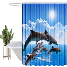 HEYOMART Shower Curtain Heavy Duty Polyester Fabric Waterproof Shower Curtain Liner, 3D Digital Painting Pattern for Shower Stall, Bathroom Curtains with 12 PCS Hooks (180x200cm, Dolphins)