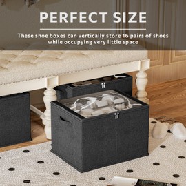 Shoe Organizer for Closet, 2 Pack Sturdy Shoe Storage Bins with Clear Cover, Fits 16-32 Pairs, Foldable Shoe Storage Box with Reinforced Handles (Black, 19.7"L x 15.7“W x 12.6"H)