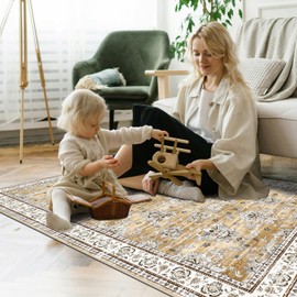 Ileading Boho Vintage Floral Small Area Rug,Machine Washable Low-Pile Entrance Door Mat, Non-Slip Entryway Runner Rug, Non-Shedding Inside Welcome Mat for Hallway Kitchen Pets(Beige&Brown 3x5ft)