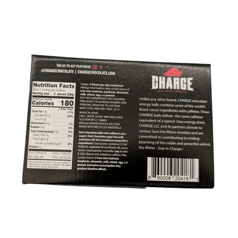 Charge Caffeinated Chocolate DARK CHOCOLATE 12 Packs of 3- 54mg