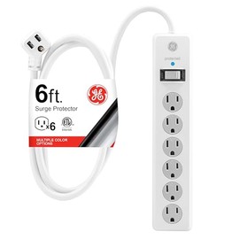 GE 6-Outlet Surge Protector, 6 Ft Extension Cord, Power Strip, 800 Joules, Flat Plug, Twist-to-Close Safety Covers, Protected Indicator Light, UL Listed, White, 67051