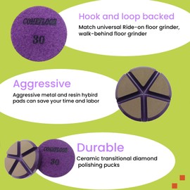 Hybrid Ceramic Transitional Diamond Polishing Pucks for Concrete Terrazzo Floor, 3 Inch Hook and Loop Aggressive Floor Grinding Discs, 30# 3PCS