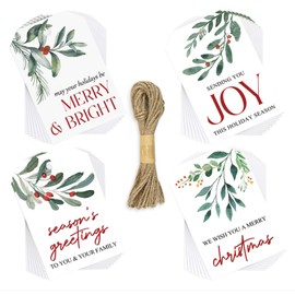 120Pcs Christmas Gift Tags with String, Watercolor Plant Christmas Tags for Gift Wrapping, Mistletoe Holiday Paper Tags for Christmas Favors, 4 Unique Designs, 2x3 Inch