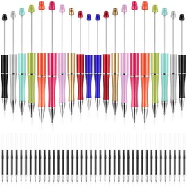 Plastic Beadable Pen Bead Ballpoint Pen Assorted Bead Pen Shaft Black Ink Rollerball Pen with Extra Refills for Kids Students Office School Supplies, 10 Colors (20 Pieces)