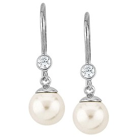 Nenalina 222300-050 Silver Women's Earrings with Glass Pearls 8 mm and Zirconia 3 mm Round 925 Sterling Silver Long Earrings for Women and Girls, Sterling Silver, Cubic Zirconia