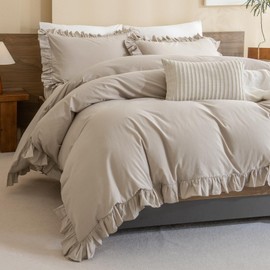 Sanracie Queen Comforter Sets, 100% Cotton Ruffled Boho Comforter Set Queen 3 Pieces Linen Feel Farmhouse Vintage Shabby Boho Chic Bedding Soft Lightweight Bed Set for All Season