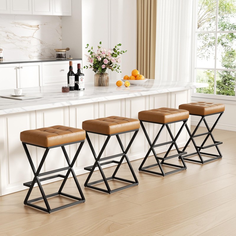 Bar Stools Set of 2, 26" Leather Counter Height Bar
