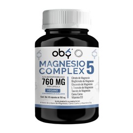 Oby Magnesio Complex | 5 MAGNESIOS: Citrato de Magnesio, BisGlicinato de Magnesio, Treonato de Magnesio, Gluconato y Taurato | Alta Absorción - Con Minerales Quelados, Camu Camu y Vitamina D3 | 760mg por cápsula | 65 Cápsulas