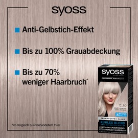 Syoss Permanent Hair Colour, 12_59 Cool Platinum Blonde Lightener Level 3 (3 x 115 ml), Permanent Colour with Anti-Yellow Tint Effect for Cool Blonde, up to 70% Less Hair Breakage
