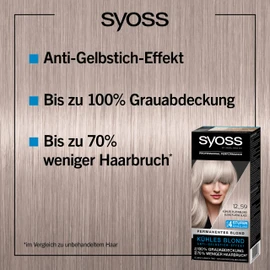 Syoss Permanent Hair Colour, 12_59 Cool Platinum Blonde Lightener Level 3 (3 x 115 ml), Permanent Colour with Anti-Yellow Tint Effect for Cool Blonde, up to 70% Less Hair Breakage