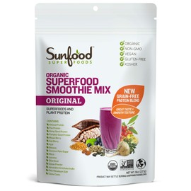 Sunfood Superfoods Smoothie Mix, Gluten Free, Organic, Vegan, Protein Blend w/Whole Foods, Vitamins, Fiber, Chia Seeds, Maca & Acai Powder, Energy Support, Meal Replacement, 8 oz Bag, 5 Servings